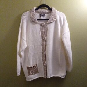 Womans L M. Gibson White& Tan Cardigan  Soft Knit Grannycore Handmade Patchwork